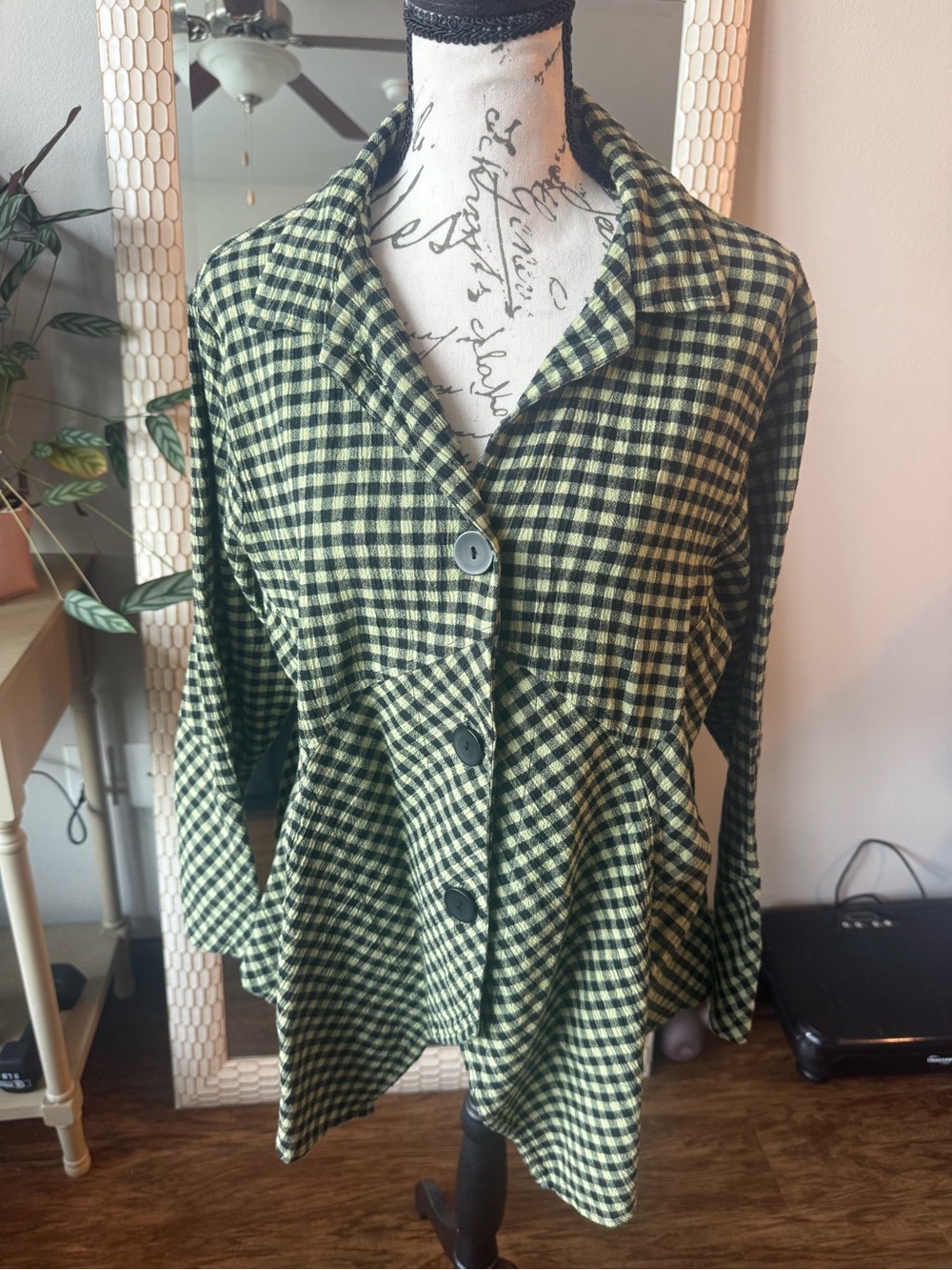 Peplum Button-Front Shirt in Green and Black Check